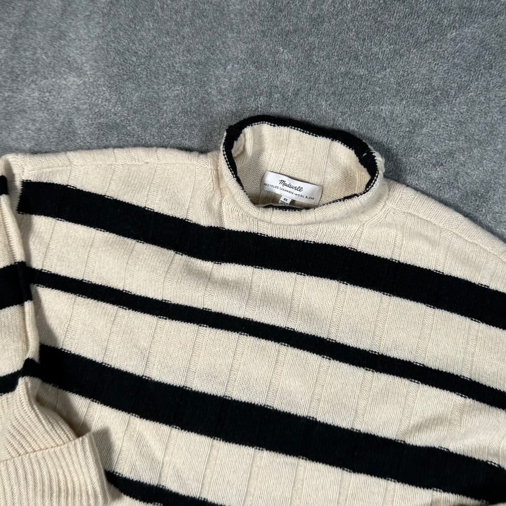 Madewell Cashmere Wool Knit Striped Turtleneck Sweater Cream Black Womens XS - Picture 2 of 9